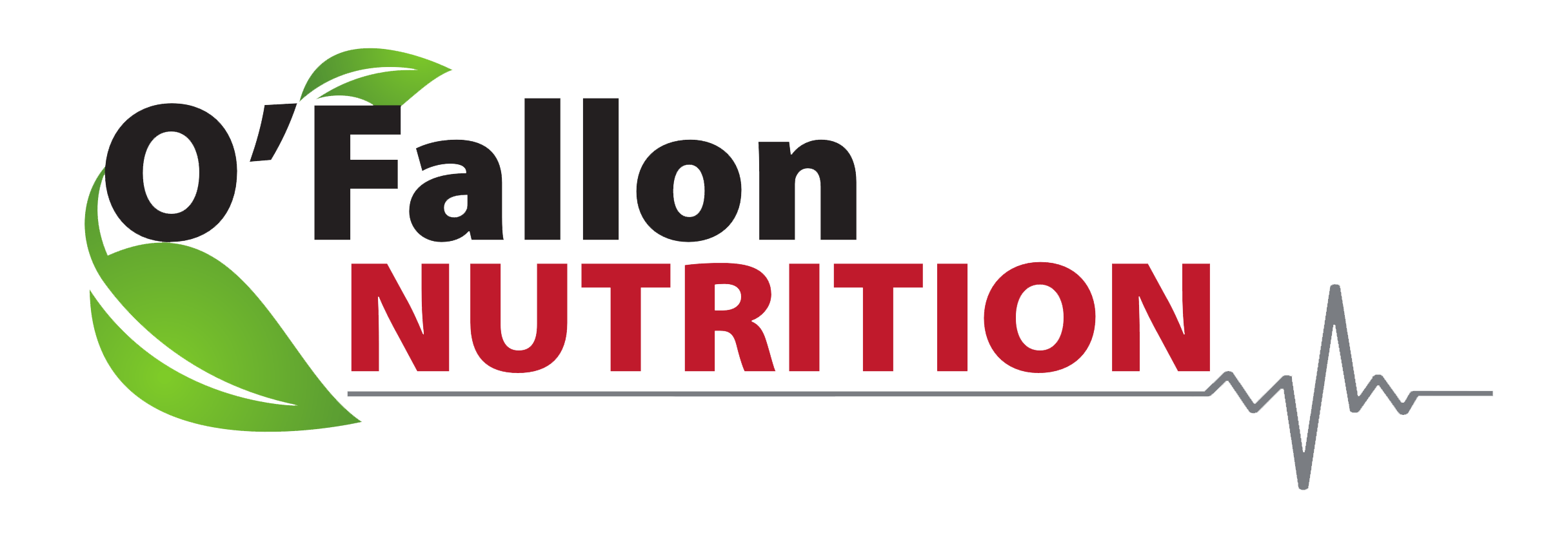Logo for O'Fallon Nutrition featuring black and red text, two green leaves, and a gray heartbeat line design on the right side.