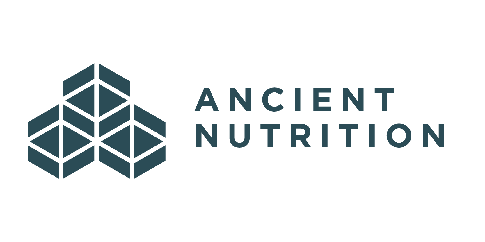 Logo for Ancient Nutrition featuring a geometric hexagonal design on the left and the words "ANCIENT NUTRITION" in uppercase letters on the right in a modern, sans-serif font.