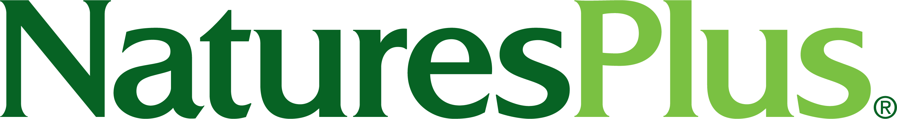 The image shows the "NaturesPlus" logo in two shades of green, with "Natures" in dark green and "Plus" in a lighter green.