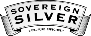 A curved silver banner with the words "Sovereign Silver" in bold, black, uppercase letters on a black background.