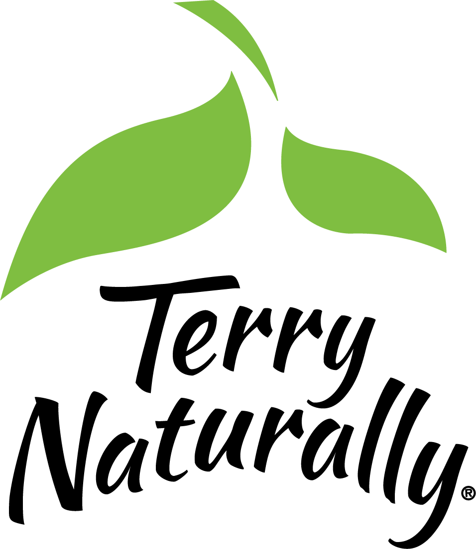 Green leaves above the words "Terry Naturally" written in a black, casual script font. The overall design conveys a natural and organic theme.