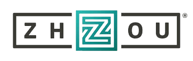 The image displays the logo for "ZHOU," with "ZH" and "OU" in black outlined boxes and a stylized teal letter "Z" in a square at the center.
