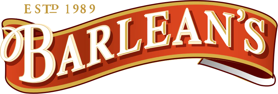 A red and gold ribbon banner displays the word "BARLEAN'S" in large white letters. Above the banner, small yellow text reads "ESTP 1989.
